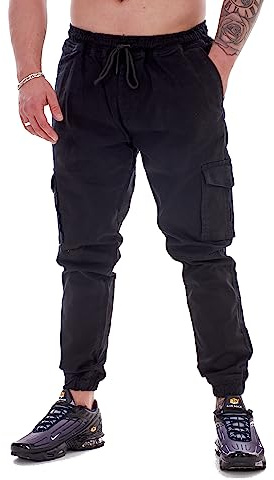 Malay Mens Trousers Cargo Elasticated Tie Cord Cuffed Regular Pockets Pant M to 3XL (as8, Alpha, 3X_l, Regular, Regular, Black)