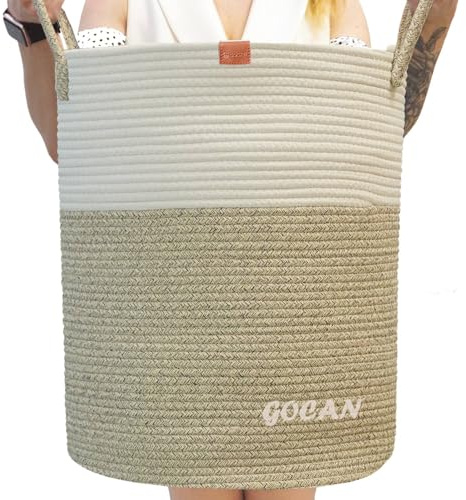 GOCAN grande alto robusto Hamper Basket di lavanderia Cestini di stoccaggio tessuti per vestiti Cuscini Coperta Giocattolo in soggiorno o camera da letto decorazione H50XD38cm born/beige