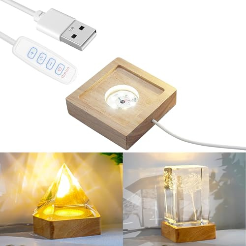 MeYuxg Base luminosa in legno, con cristalli quadrati, display ornamentale, base in legno, ricaricabile USB, per lavori di cristallo, acrilico e resina, luce a 3 colori