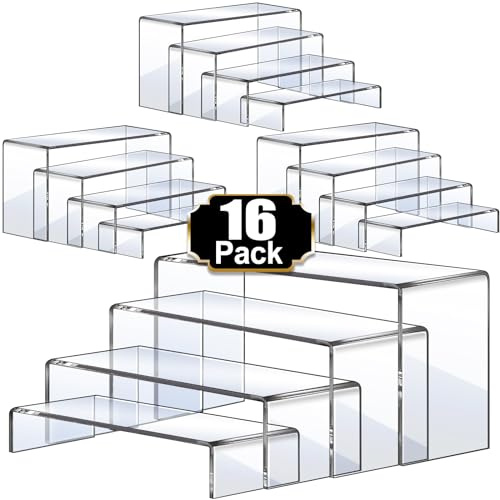 Aheroi Display Risers, 16 Pcs 4 Set(7”L~8”L~9”L) Acrylic Riser Display Shelf, Clear Risers Display Stands, Rectangular Acrylic Risers for Decor Display, Cupcake Candy Shoe Showcase Stands
