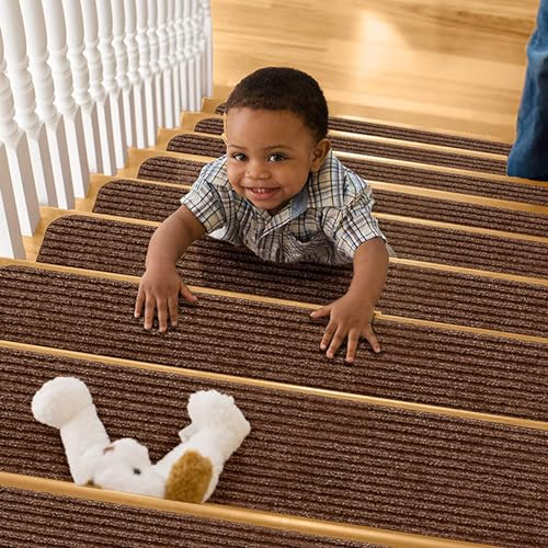 Hearda Treppenstufen Matten, Rectangular 76x20cm Treppe Treppenteppich, Stufenmatten, Treppenteppich Selbstklebend, Antirutschmatte Innenbereich für Schutz Kinder, Ältere (15 pc,Kaffee)