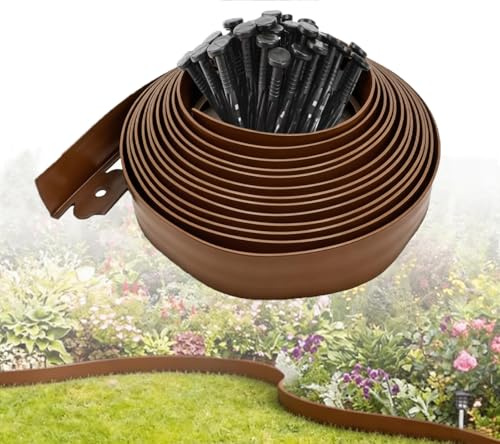 Landscape Edging Border 33 FT with 30 Spikes,No Dig Garden Edging Lawn Border [Extra Tall 4IN High],Flexible Lawn Edging for Landscaping Flower Beds Yard Pathway (Brown)