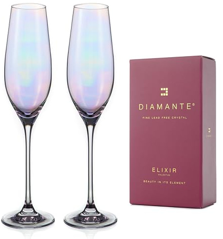 DIAMANTE Set of 2 Champagne Flute Glasses - Iridescent Holographic Lustre Collection in Gift Box