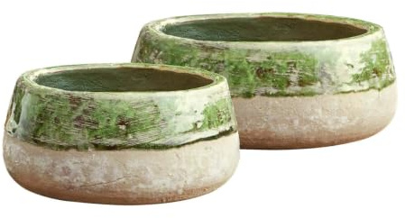 Loberon Schale 2er Set Reefton, grün/antikweiß | Zwei Größen, in Handarbeit gefertigt, teils handglasiert, charmantes Antik-Finish, Dekoration, Terrakotta