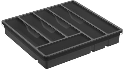 PERZOE Platzsparende Utensilienaufbewahrung, feuchtigkeitsbeständig, Besteckkasten mit Deckel, 6 Fächer, Kunststoff-Organizer für Küche, Schublade, Arbeitsplatte, BPA-frei, Schwarz