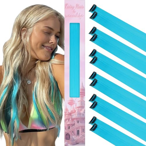 WENNALIFE 12 capelli a nastro azzurro celeste da attaccare per bambini, clip - in, colorati per intrecciare i capelli delle bambine, per le feste, accessori per allungare