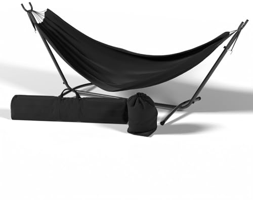 HAGO Hängematte | Garten | Outdoor | Robust | Wetterfest | Schwarz | Einfach Montage | Verstellbar | 250kg Belastbarkeit | Polyester-Baumwollmix | 255x99x98cm