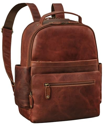 ROYALZ mochila de cuero para hombres 14 pulgadas portátil 'New Orleans' mochila de cuero genuino damas de tamaño mediano de negocios escuela universidad ocio, Color:Roma Coñac Marrón