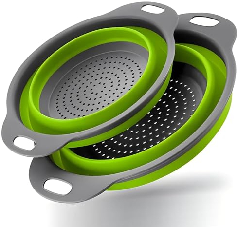 Silicone Pasta Colander - Collapsible Colander with Handle Set, Set of 2, Space-Saving Kitchen Strainers, 1.5 Quart, 2 Quart, BPA Free ＆ Dishwasher Safe, for Pasta, Vegetables, Fruits