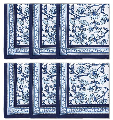 Encasa XO Serviettes de Table Lot de 6 | Serviettes en Toile de Coton avec Impression en Bloc Indigo-02-45x45 cm | Impression Manuelle Jaipur Sanganeri
