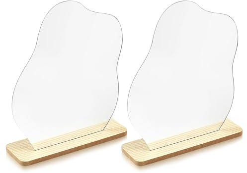 Lhbwhiz 2 Espejos de Maquillaje Asimétricos Acrílicos, Espejos de Mesa de Cosmético sin Marco, Espejos Decorativos de Ondas Irregulares, Espejos de Nube con Base de Madera