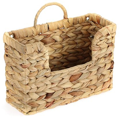 BTSKY Woven Hanging Magazine Holder, Water Hyacinth Magazine Basket, Wall Mounted Storage Basket for Books & Files, Wall File Organizer Magazine Rack with Handle for Home & Office - 11.8x4.3x7.9 Inch