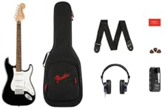 Squier by Fender Affinity Stratocaster Chitarra Elettrica & Mustang Micro Pack, Nero, Tastiera in Acero, Include Gig Bag, Tracolla, Cuffie, Plettri e 3 Mesi di Fender Play Gratis