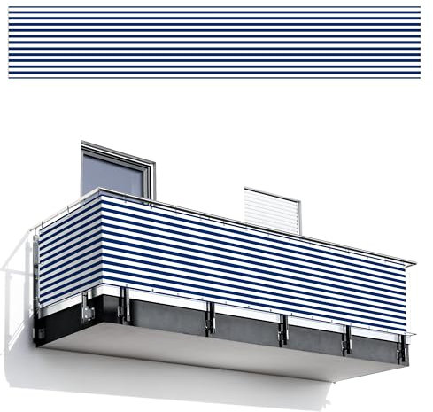 MuchoWow© Balkon Sichtschutz Einseitig 90x500 cm Groß PVC Kunststoff Garten Windschutz ohne Bohren Wetterfest Sichtschutzzaun Terrasse Balkonverkleidung Deko Muster - Streifen - Blau - Dunkel