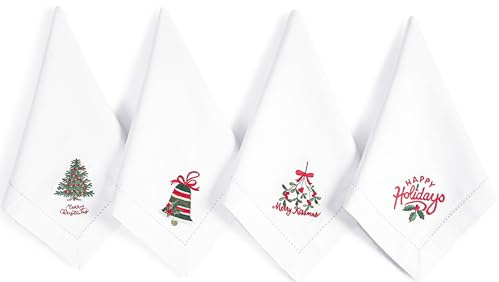 Bedding Craft Weihnachtliche Stoffservietten, 12 Stück, 45,7 x 45,7 cm, rot, bestickt, Hochzeit, Tischservietten, weicher, waschbarer Stoff für Urlaub, Partys, Tischdekoration