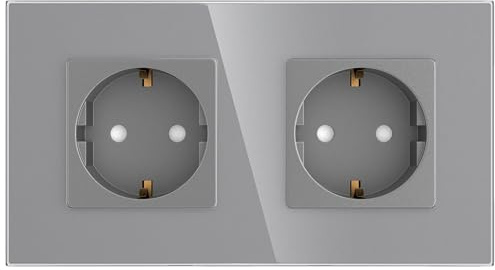 PULSAR Steckdose Unterputz 2-Fach Glas Grau, Schuko-Wandsteckdose 16A | Steckdose Grau 2-Fach Glas Unterputz, Schuko Wandsteckdose 16A, 157 x 86mm mit Kindersicherung, Doppelsteckdose