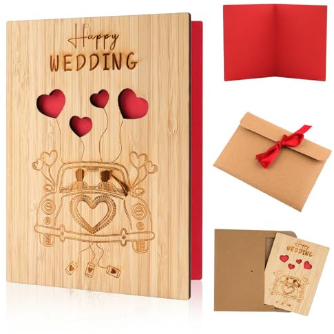 Wooden Wedding Card,15 x 11 CM Just Married Wedding Day Cards,Personalised Congratulations Card With Envelope for Bride Groom