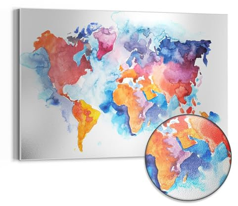 DEQORI Metall Magnettafel | 90x60 cm cm groß | Motiv Welt in Aquarell | Whiteboard für alle Magnete | Magnetboard Wand-Tafel für Küche & Büro | Design Magnetwand Pinnwand magnetisch