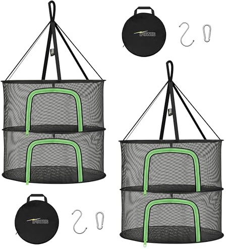 iPower Herb Drying Rack 2-Layer 2ft Hanging Mesh Net Dryer Collapsible with U-Shape Zippers, Pothook, Carabiner and Storage Bag, for Hydroponics Plants, Fruits, Seafoods, Clothes, 2 Packs
