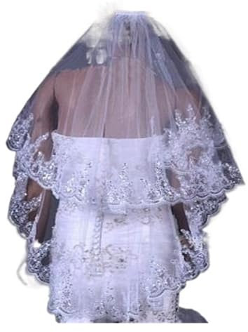 MZPOZB Hochzeit Schleier Brautschleier 2-lagige Spitzenapplikationen mit Perlen Strass Brautschleier Brautaccessoires Hochzeit Brautschleier(Ivory)