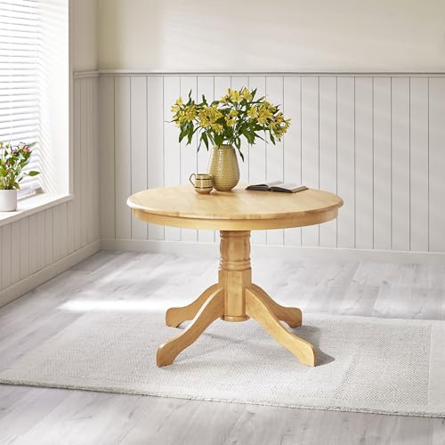 Furniturebox UK 4 Seat Wood Dining Table - Bude Round Wooden Oak Effect Pedestal - Modern Traditional Classic Farmhouse Dining Furniture - Solid Rubberwood Dinner Table