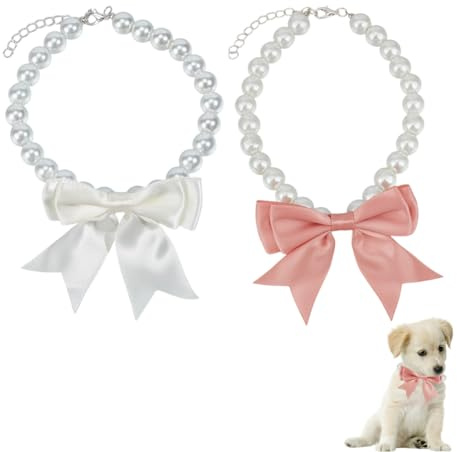 DELORIGIN 2 Stück Haustierhalskette Für Katzen Perlenhalsband Mit Schleife Haustier Teddyhalsband Perlenschmuck Verstellbare Katzenhalskette Halsband Mit Schleife Dekor Für Kleine Hunde Und Katzen