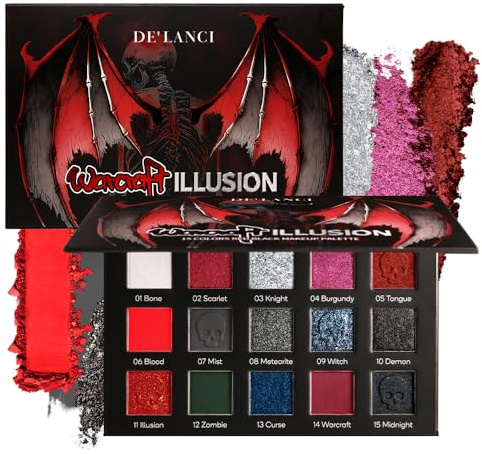 DE'LANCI Red Black Goth Eyeshadow Palette, Red Eyeshadow Goth Makeup Palette, Gray Silver Shimmer Glitter Eye shadow Pallet, Burgundy Eye Shadow for Vampire Clown Halloween Makeup,High Pigment,Vegan
