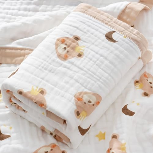 Hivia Musselin Decke 110x110cm Babydecke 100% Baumwolle Stern und Mond Bär | Leicht, atmungsaktiv, weich. Vielseitig als Wickeldecke oder Badetuch nutzbar. Sommerlich und kuschelig.