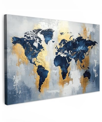MuchoWow© Leinwand Groß XXL Deko Schlafzimmer Aesthetic Leinwandbilder | 120x80 cm - Wohnzimmer Gemälde Foto Geschenk Living Room Decoration Weltkarte - Blau - Abstrakt