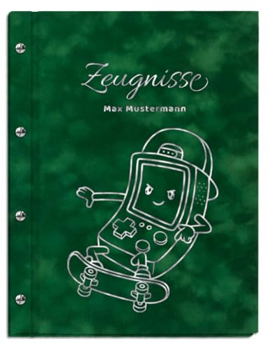 Personalisierbare Zeugnismappe in grüner Samtoptik mit eigenem Namen und Motiv - inkl. 12 Sichthüllen - Silberner Aufdruck mit individuellem Motiv selbst gestalten