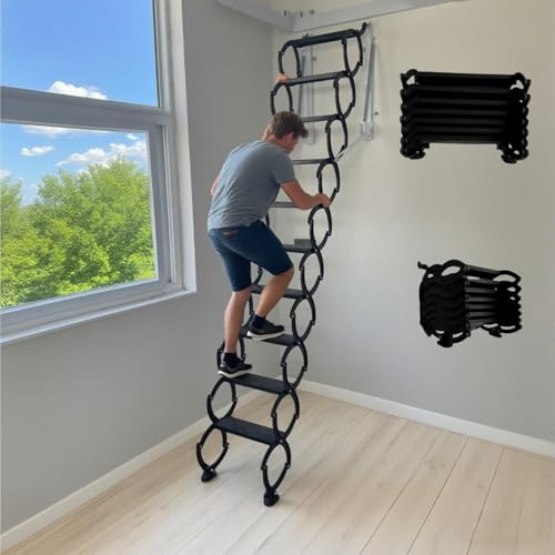 Escalier Pliant Mural, échelle de Grenier rétractable pour intérieur et extérieur, échelle de Grenier télescopique avec système d'abaissement, escalier de Grenier Extensible(Black,H130CM/51.2IN)