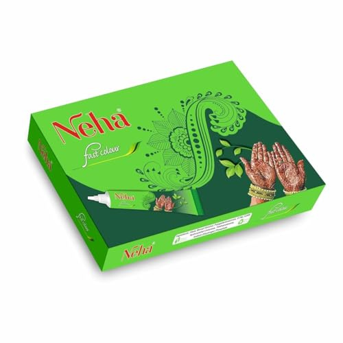 Neha Herbal Fast Color Henna 10 x 25g – Schnelltrocknend, Dunkle Langzeitfarbe | Temporare Tattoos & Haarfärbung, Leckfrei & Praktisch, Mit Kajal Sticker