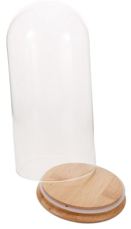 INOOMP Campana de Vidrio Transparente con Base de Bambú para Exhibición Decorativa Protectora de Polvo y Personalizable para Objetos y Plantas Pequeñas