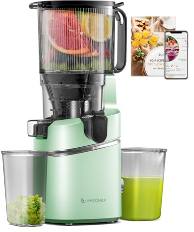 AMZCHEF Cold Press Juicer with 5.8 Large Feed Chute, Slow Masticating Juicer for Whole Fruits & Vegetables, 3-Layer Strainer, Copper Motor, High Juice Yield, Easy to Clean, Light Green