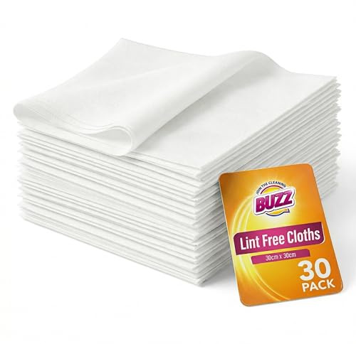 BUZZ 30pk Lint Free Cloth - White Lint Free Cloths for Oiling Wood | Lint Free Cleaning Cloths - Polyester Lint Cloths for Oiling Wood, Polishing, Screens, Dusting & Wiping, 30 x 30cm
