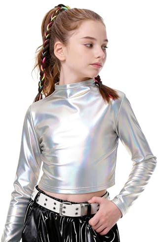 LOLANTA Metallisk magtröja för flickor, halv polotröja, glittrande glänsande danströja för hip-hop, disco, scenfest, Silverlaser, 6-7 år