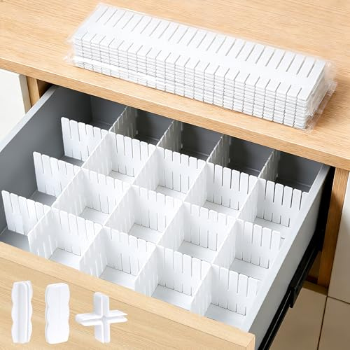 20 Pz Organizer Cassetti, Divisori per Cassetti Regolabili, Separatori per Cassettio, Divisorio per Organizer Cassetto Cucina Bagno(31,9x6,9 cm) + 10 connettori, 5 connettori laterali, 5 prolunghe