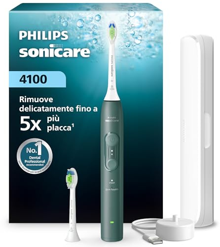 Philips Sonicare 4100 Series – elektrisk tandborste med Pressure Sensor, 4 borstinställningar, EasyStart, SmarTimer och QuadPacer, 21 dagars batteritid, resefodral, skogsgrön, modell HX4042/46, [Ny]