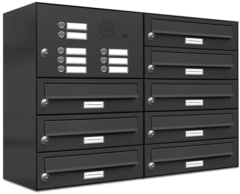 AL Briefkastensysteme 8er Briefkastenanlage Anthrazit Grau RAL 7016, Premium Briefkasten DIN A4, 8 Fach Postkasten modern Aufputz