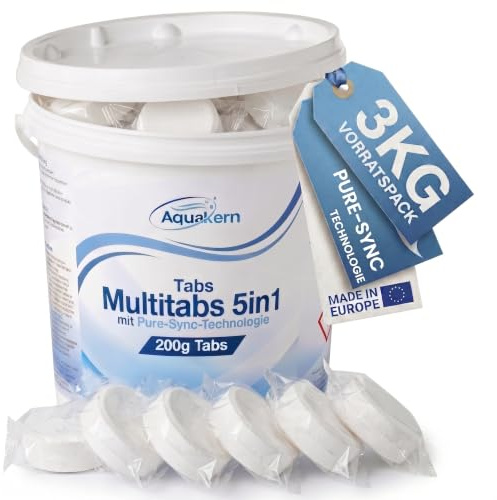 AQUAKERN Chlortabletten Multitabs 5in1 Pool 200G 3KG [mit Pure-SYNC] einzeln verpackt | gegen Algen, mit pH-Regulierung, Pooldesinfektion & gegen Kalkablagerungen | Made in Europe