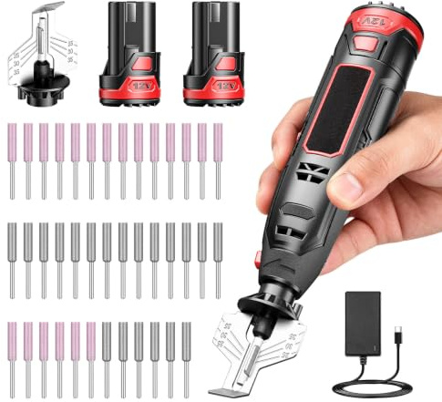 Electric Chainsaw Sharpener Kit, 7 Speed Adjustment Rechargeable Chain Sharpener 5000-25000 r/min with 40Pcs Grinding Bits and 2 Batteries for All Chainsaw Chains
