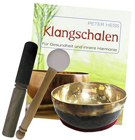 Klangschale Bengali 5-teiliges Klangmassage Set mit BUCH von Peter Hess. Therapie-Qualität: KOPFSCHALE ca. 300-350g ca. 11-12cm mit Kissen, Holz-Leder-Reibeklöppel & Therapie-Klöppel. 70178