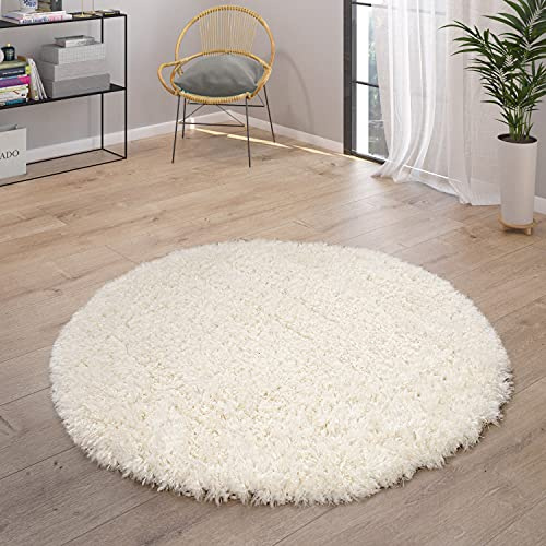 Paco Home Alfombra Pelo Largo Mullida Moderna Shaggy Flokati Acogedora Uniforme En Blanco, tamaño:Ø 120 cm Redondo