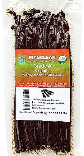 20 Madagascar Organic Vanilla Beans Grade A. Certified USDA Organic. ~6 by FITNCLEAN VANILLA for Baking, Extract and Cooking. Fresh Gourmet NON-GMO Bourbon Whole Pods