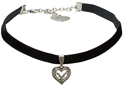 Alpenflüstern Trachten-Samt-Kropfband Strassherz Hirsch - nostalgische Trachtenkette enganliegend, Kropfkette elastisch, Damen-Trachtenschmuck, Samtkropfband schmal schwarz DHK263