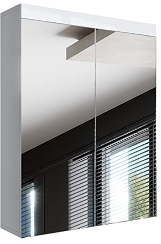 Newroom Spiegelschrank Bad 60 cm Weiß Hochglanz grifflos Badezimmer | verspiegelte Türen, 3 verstellbare Einlegeböden, Badezimmermöbel, Badspiegel, wandmontiert, für kleine Bäder
