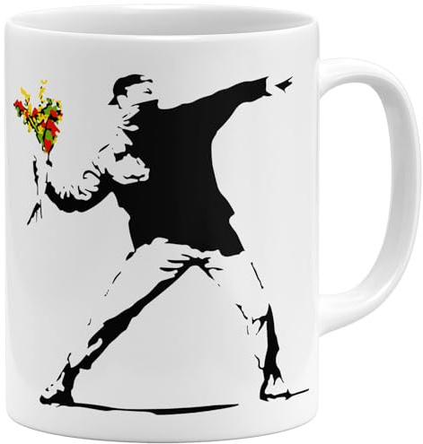 OM3® Flower Thrower Banksy Kaffee-Tasse - Blumenwerfer - Keramik Becher - 11oz 325ml - Beidseitig Bedruckt - Weiss