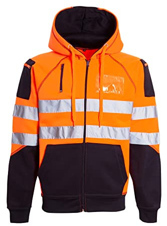 Pull à capuche haute visibilité avec fermeture éclair pour homme - Bande réfléchissante - Veste de sécurité haute visibilité avec fermeture éclair - Gadget utilitaire et carte d'identité - 2 poches