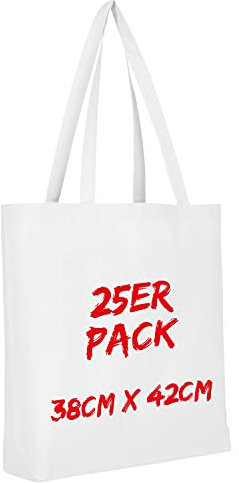 TEXXILLA Baumwolltasche - 25er Pack | Weiß | mit Zwei Langen Henkeln, Boden- und Seitenfalte | 38x42cm | Jutebeutel | Einkaufstasche | unbedruckt