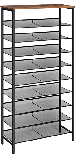 HOOBRO Schuhregal, 10-stöckige hoch Schuhablage, großer Schuhschrank, für 27-36 Paar Schuhe, mit flachen und neigbaren Metallregalen, platzsparend, für Flur, Dunkelbraun-Schwarz EBF110XJ01